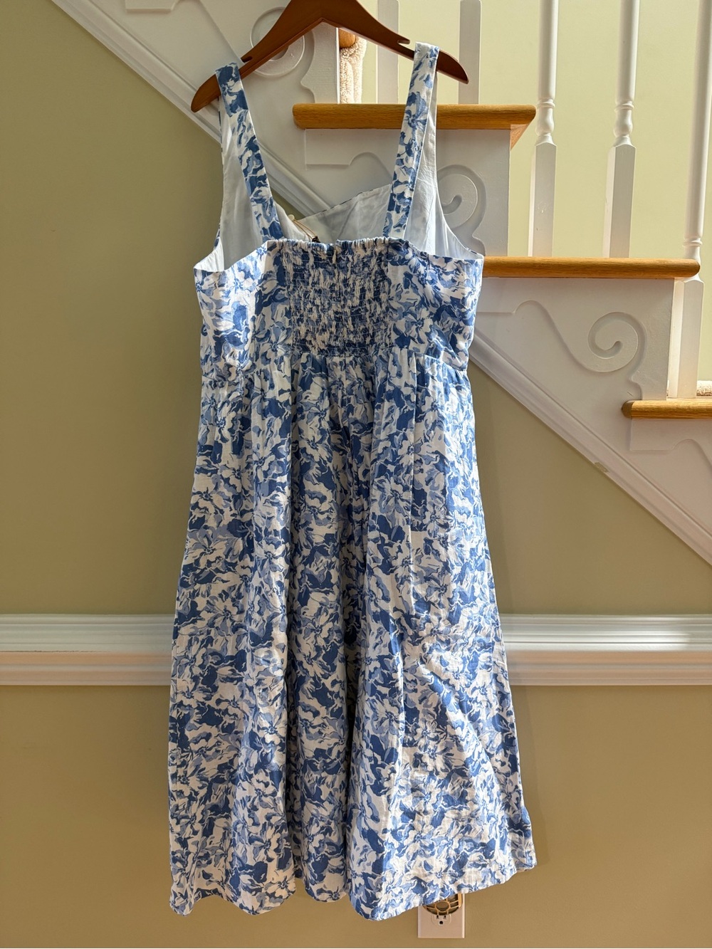 Quince Blue and White Floral Square-Neck Midi Dress 100% Linen - Picture 5 of 13